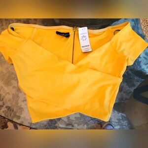 Boohoo Yellow Asymmetrical Crop Top with Cap Sleeves